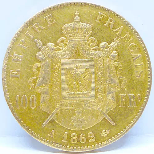 100 francs Napoléon tête sans les lauriers Second empire revers