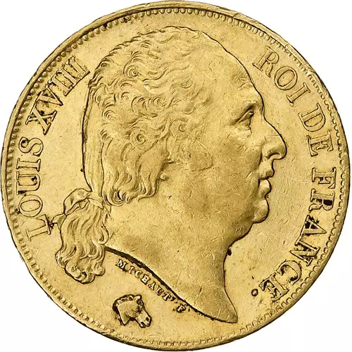 20 francs Louis XVIII - Buste nu second gourvernement royal avers