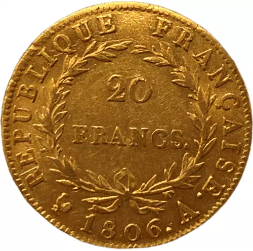 20 francs Napoléon 1er tête sans leuriers premier empire revers