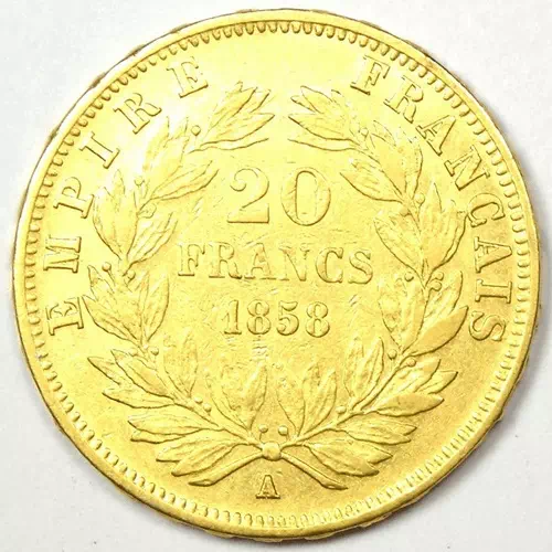 20 francs Napoléon III tête sans les lauriers second empire revers