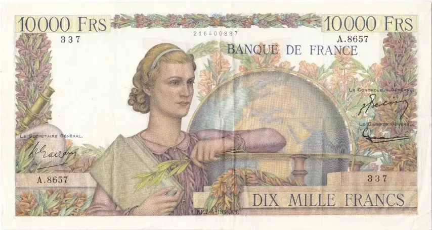 Billet de 10000 francs étude ou génie français recto