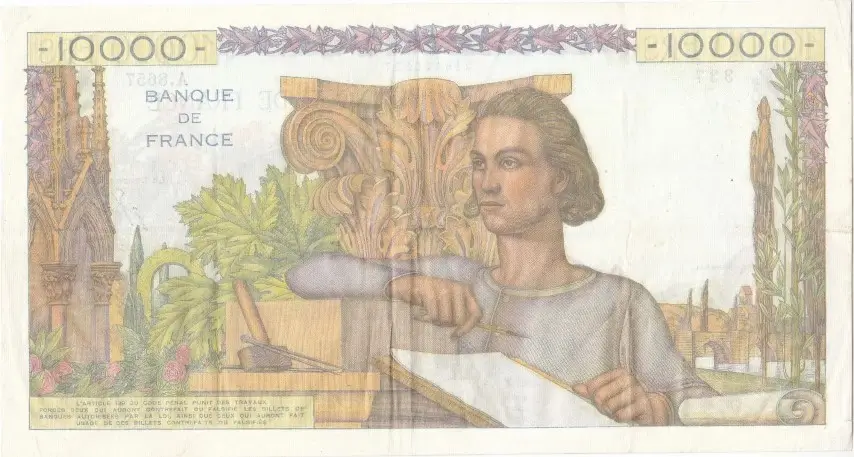 Billet de 10000 francs étude ou génie français verso