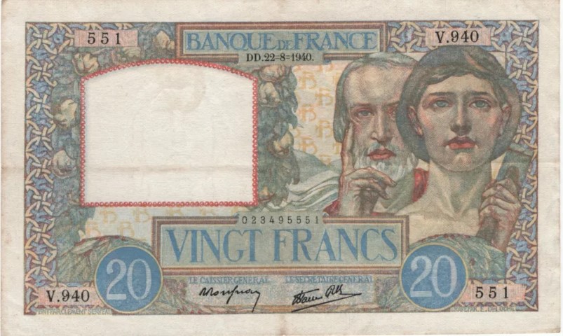 Billet de 20 francs science et travail recto