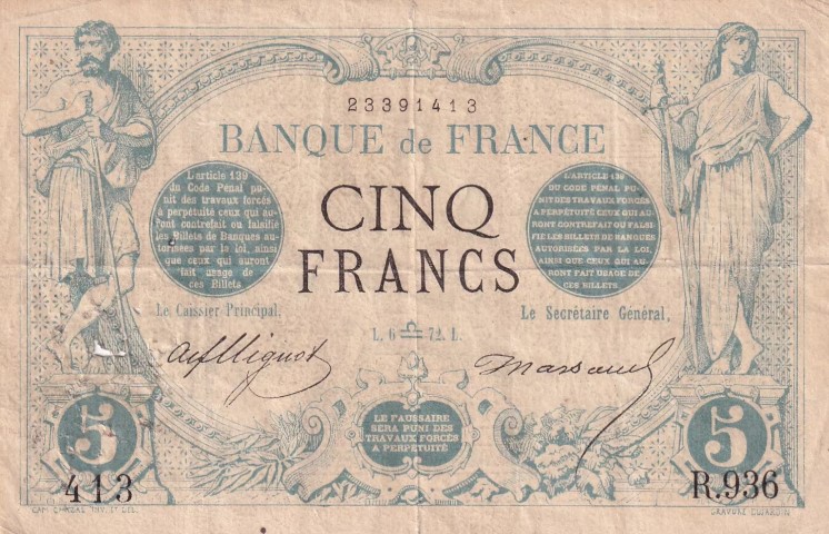 Billet de 5 francs noir recto